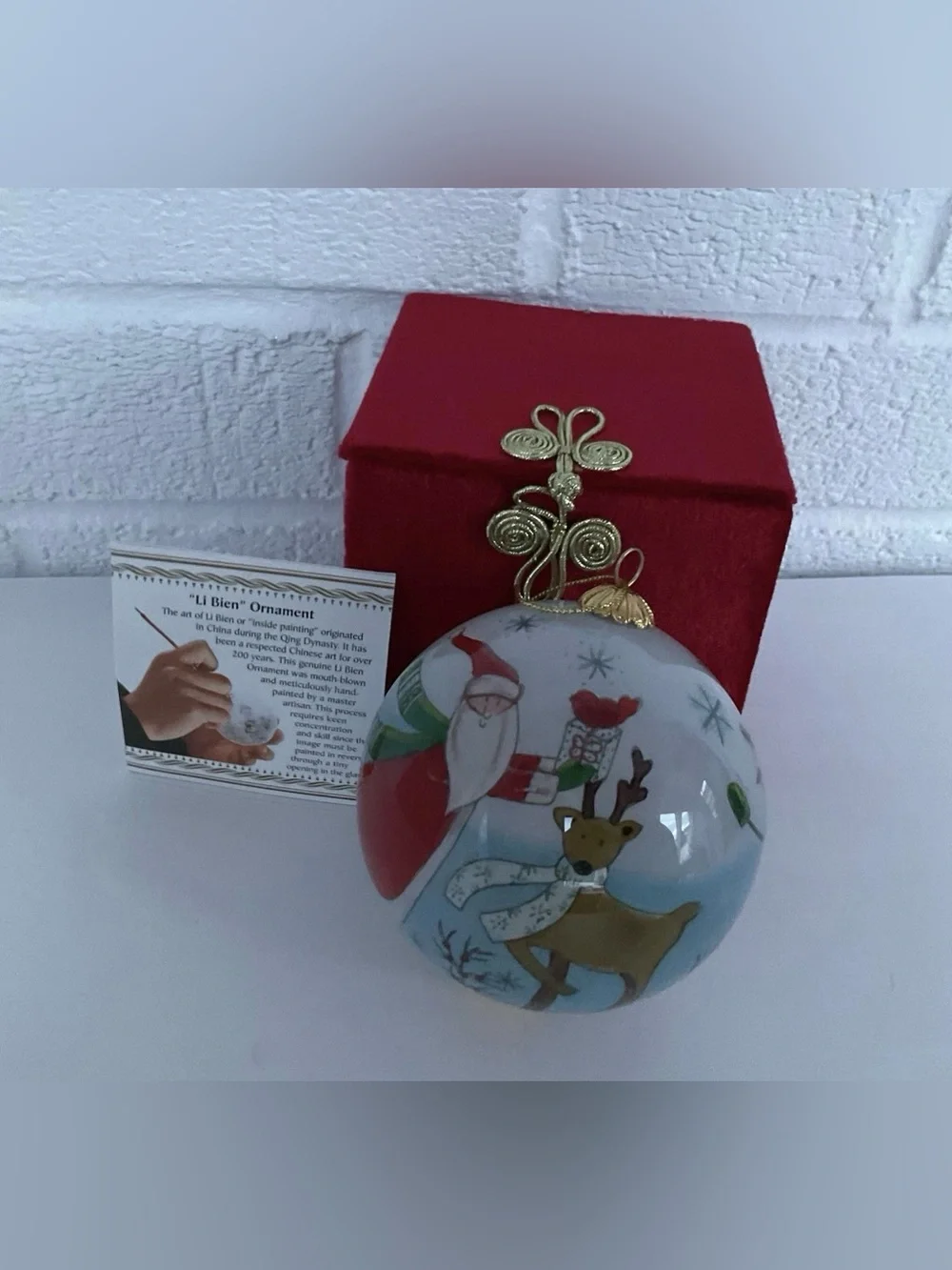 Vintage Pier 1 Li Bien Reverse Painted Glass Christmas Ornaments Set 4 Santa Elf